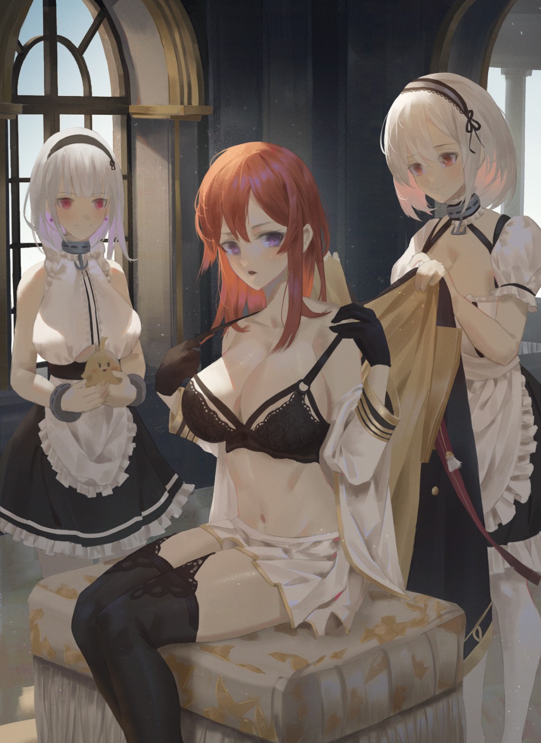 azur_lane bra cirilla cleavage dido_(azur_lane) maid monarch_(azur_lane) sirius_(azur_lane) stockings thighhighs undressing uniform