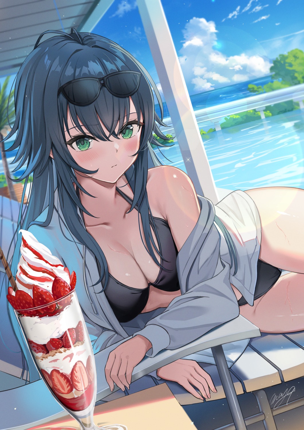 bikini cameltoe gakuen_idolm@ster may9 megane open_shirt swimsuits the_idolm@ster tsukimura_temari wet