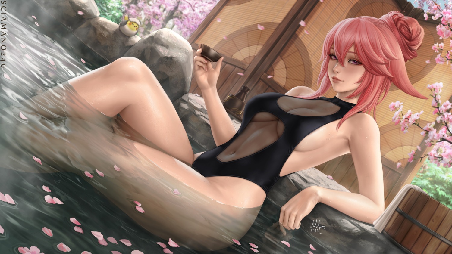 animal_ears bathing genshin_impact mirco_cabbia onsen sake see_through swimsuits wet yae_miko