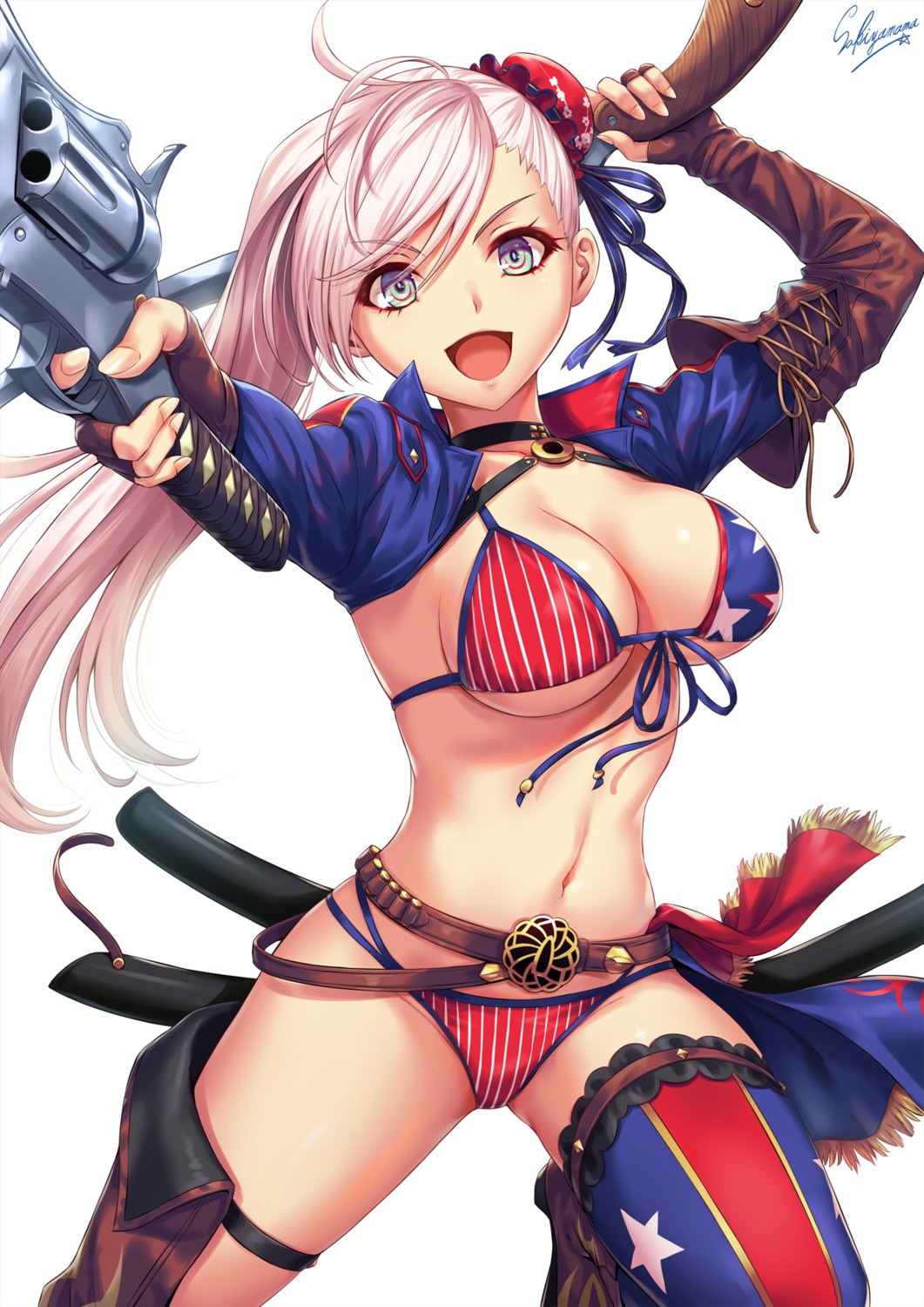 bikini fate/grand_order garter gun miyamoto_musashi_(fate/grand_order) sakiyamama swimsuits sword thighhighs