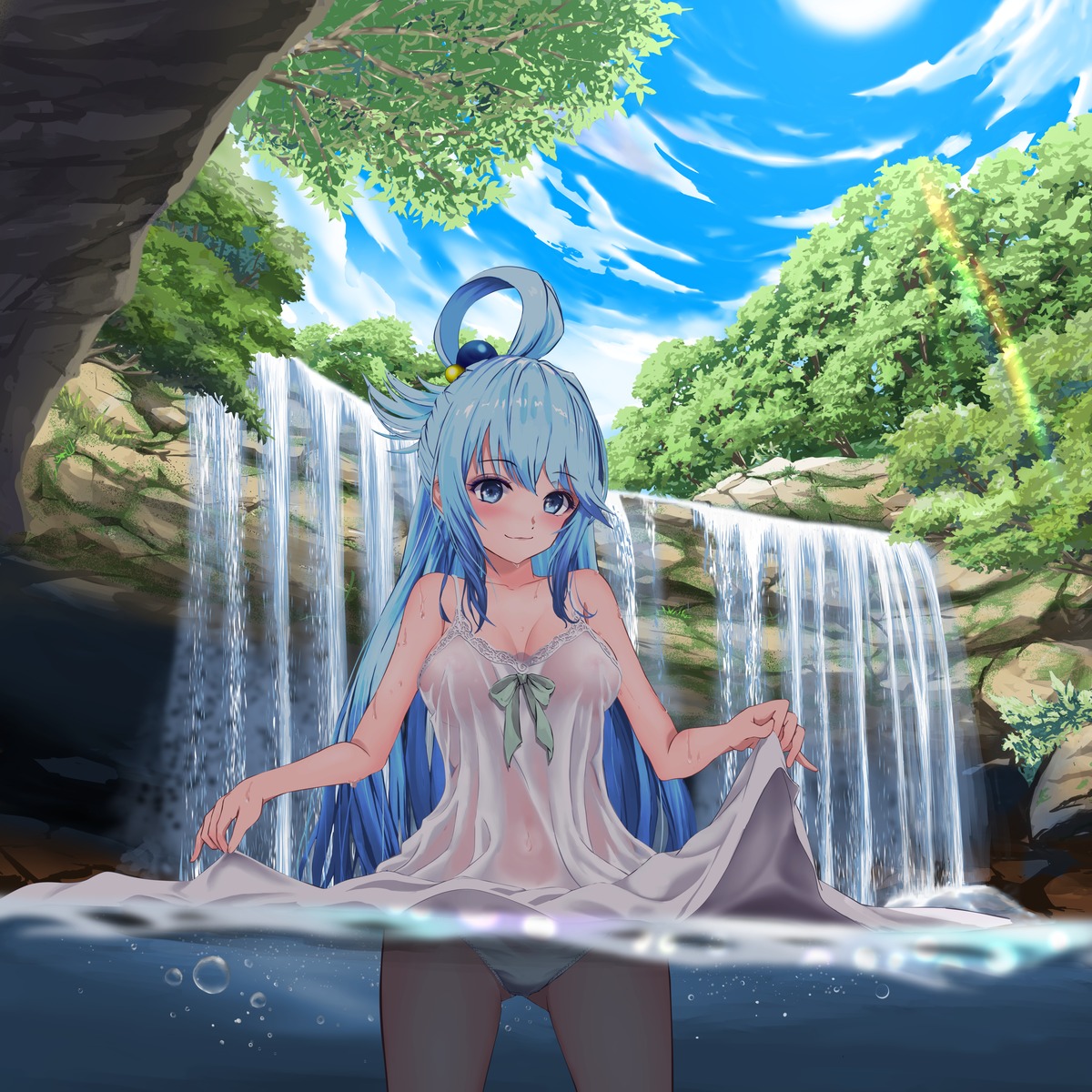 aqua_(konosuba) dress gibun_(sozoshu) kono_subarashii_sekai_ni_shukufuku_wo! nipples no_bra pantsu see_through skirt_lift summer_dress wet wet_clothes