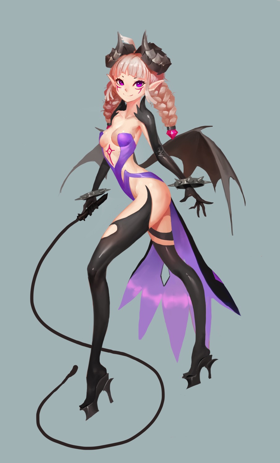 cleavage dungeon_fighter erect_nipples heels horns midfinger22 no_bra pointy_ears tattoo thighhighs wings