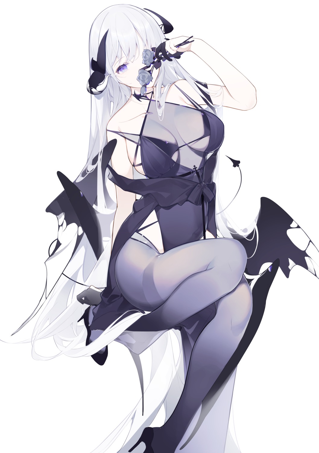 bra dress heels horns miyuki_(miyuki0529) pantyhose see_through tail wings