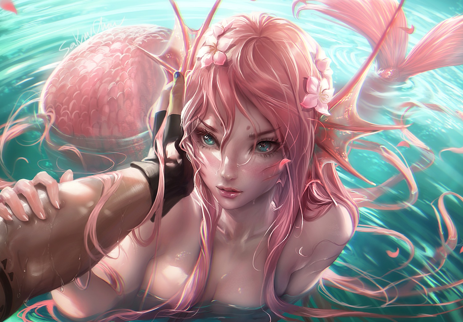 mermaid monster_girl naked sakimichan tail tattoo wet