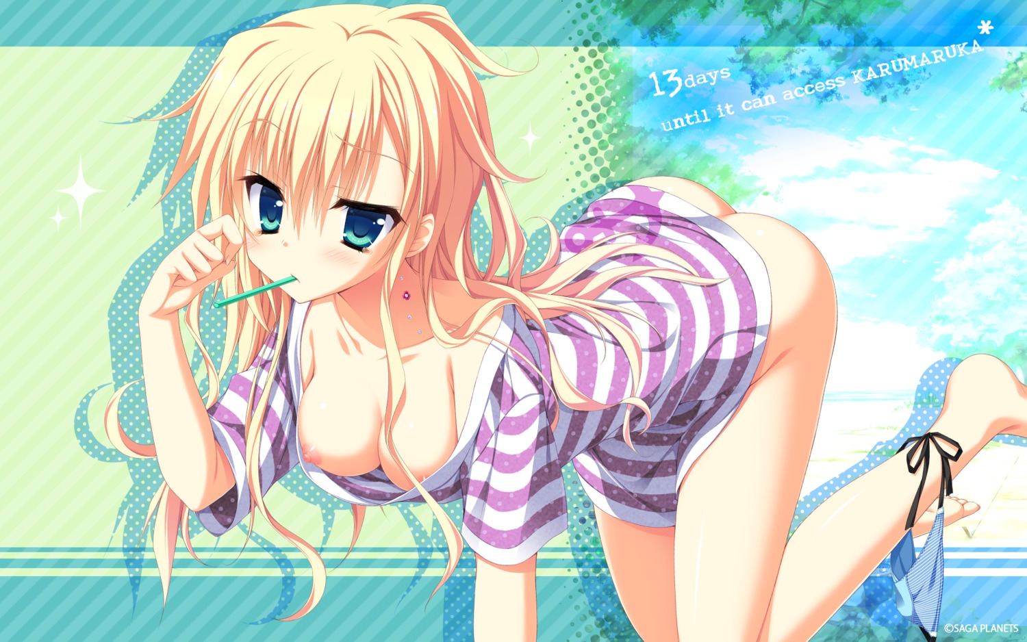 asahina_shin bottomless breasts karumaruka_circle nipples no_bra panty_pull saga_planets toranosuke wallpaper