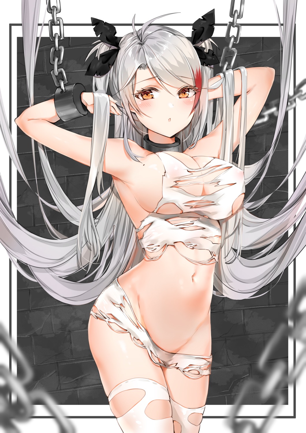 areola azur_lane bondage no_bra nopan prinz_eugen_(azur_lane) see_through thighhighs torn_clothes yukineko1018