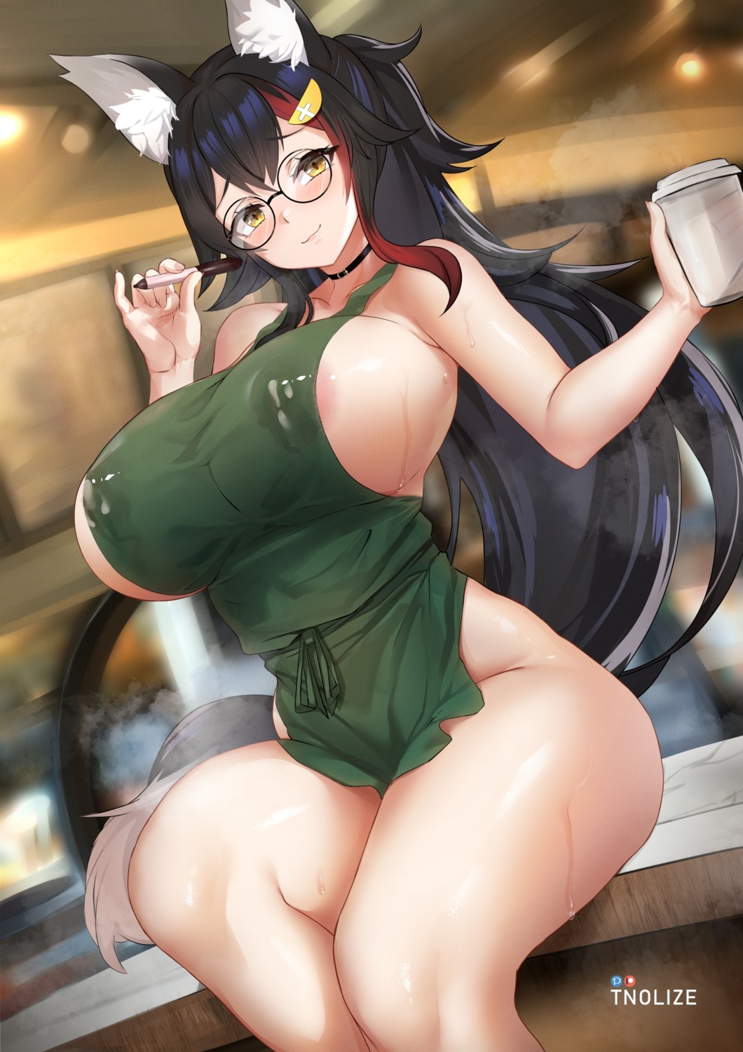 animal_ears areola hololive hololive_gamers lactation megane naked_apron ookami_mio tail tnolize wet