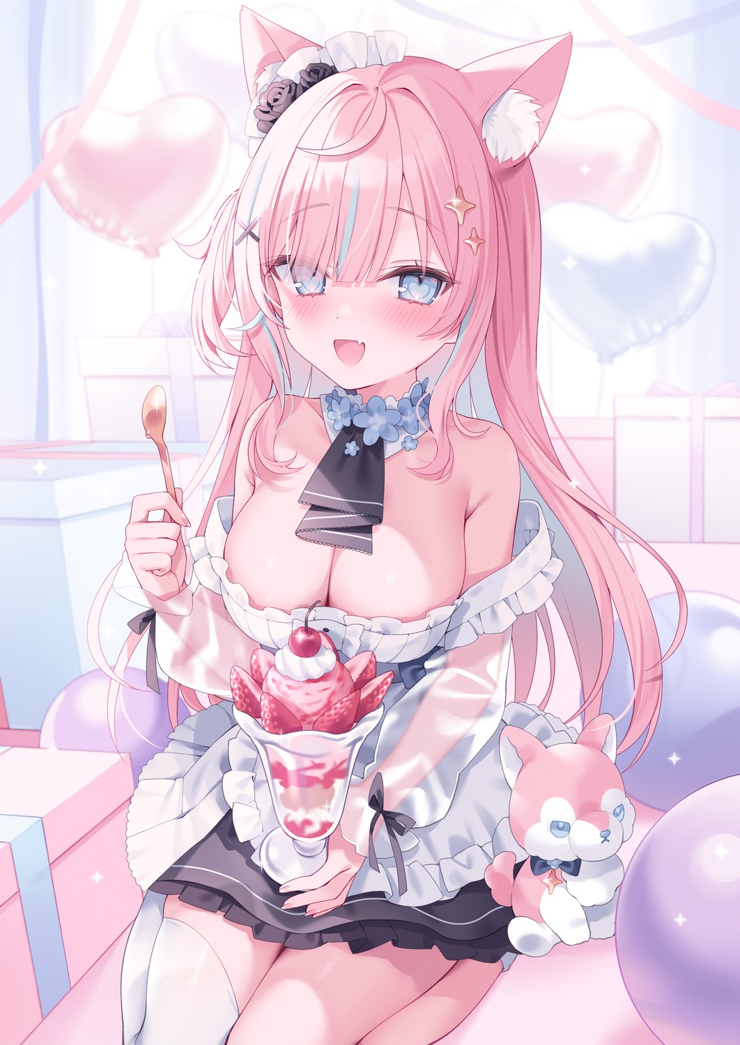 animal_ears indie_virtual_youtuber maid no_bra open_shirt see_through shu_bii tachibana_amane_(vtuber) thighhighs