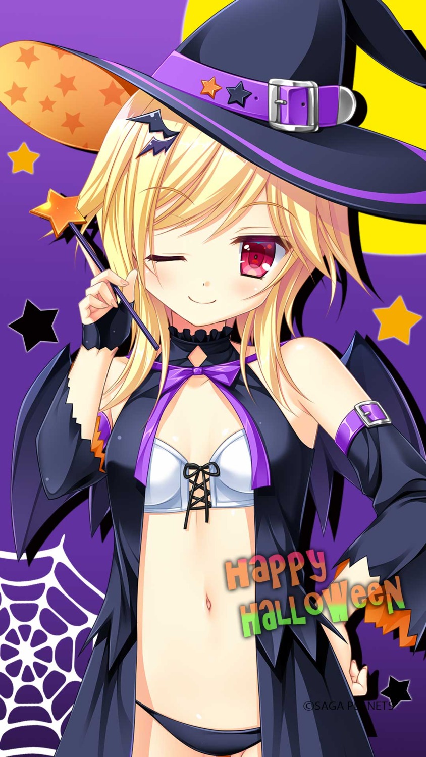 bra cleavage halloween hontani_kanae kin-iro_loveriche open_shirt pantsu saga_planets souma_ria wings witch