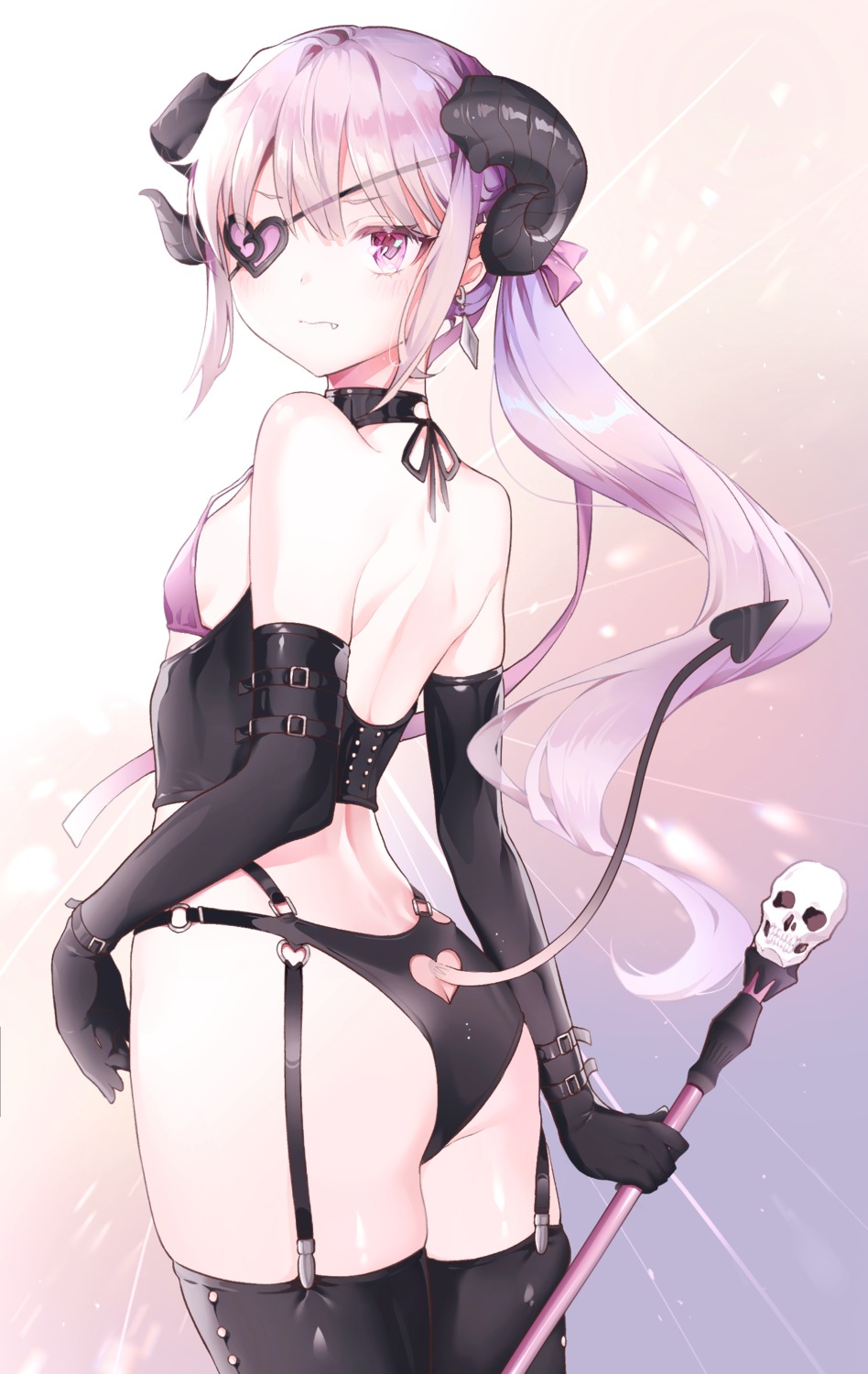 ass bikini cpqm eyepatch horns pointy_ears stockings swimsuits tail thighhighs