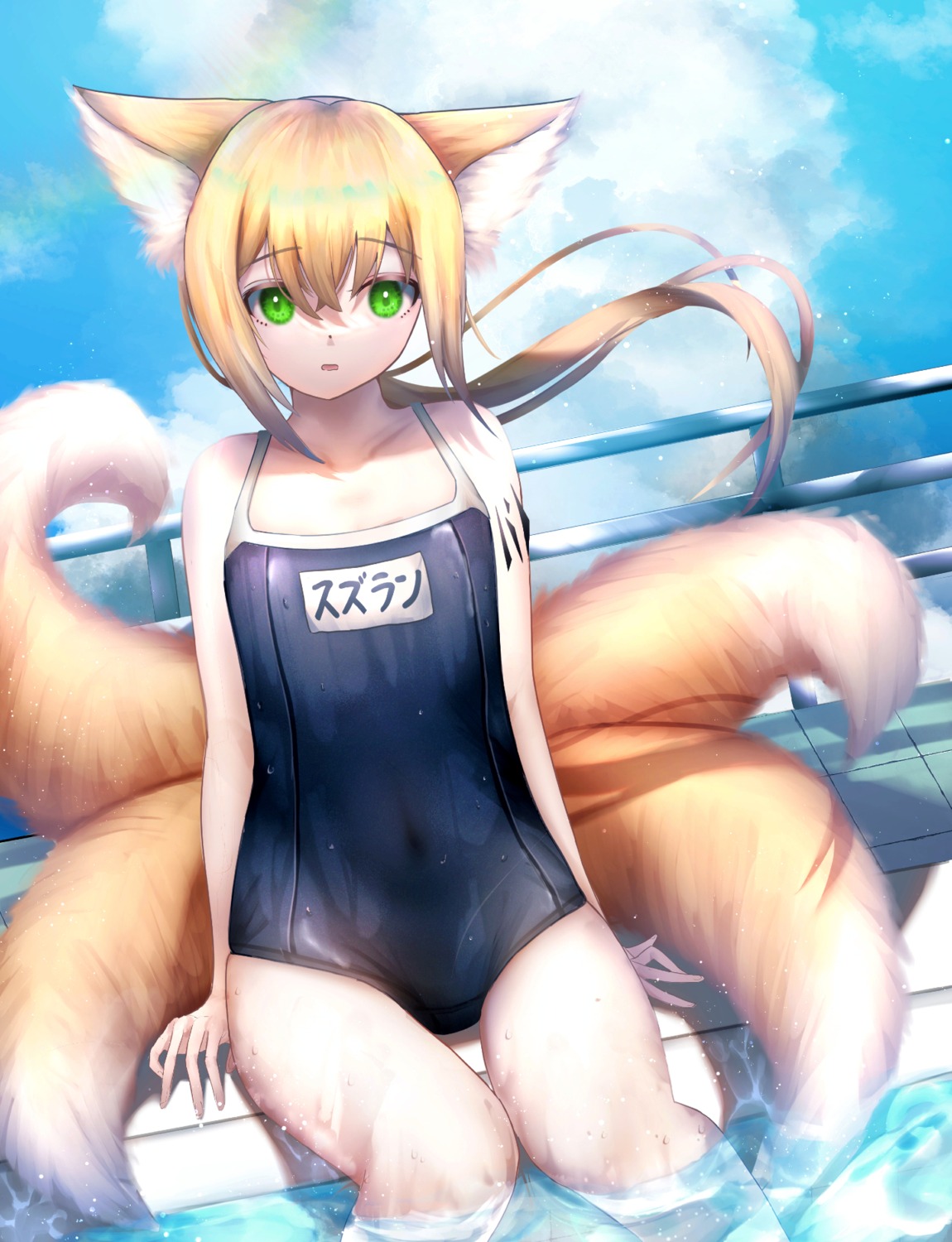 animal_ears arknights hainoki_huku kitsune school_swimsuit suzuran_(arknights) swimsuits tail wet