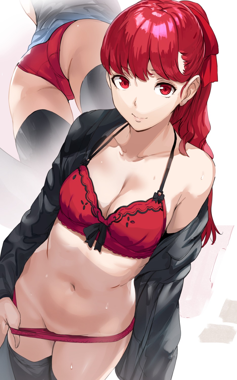 ass bra cleavage hews open_shirt pantsu panty_pull persona_5 thighhighs undressing yoshizawa_kasumi