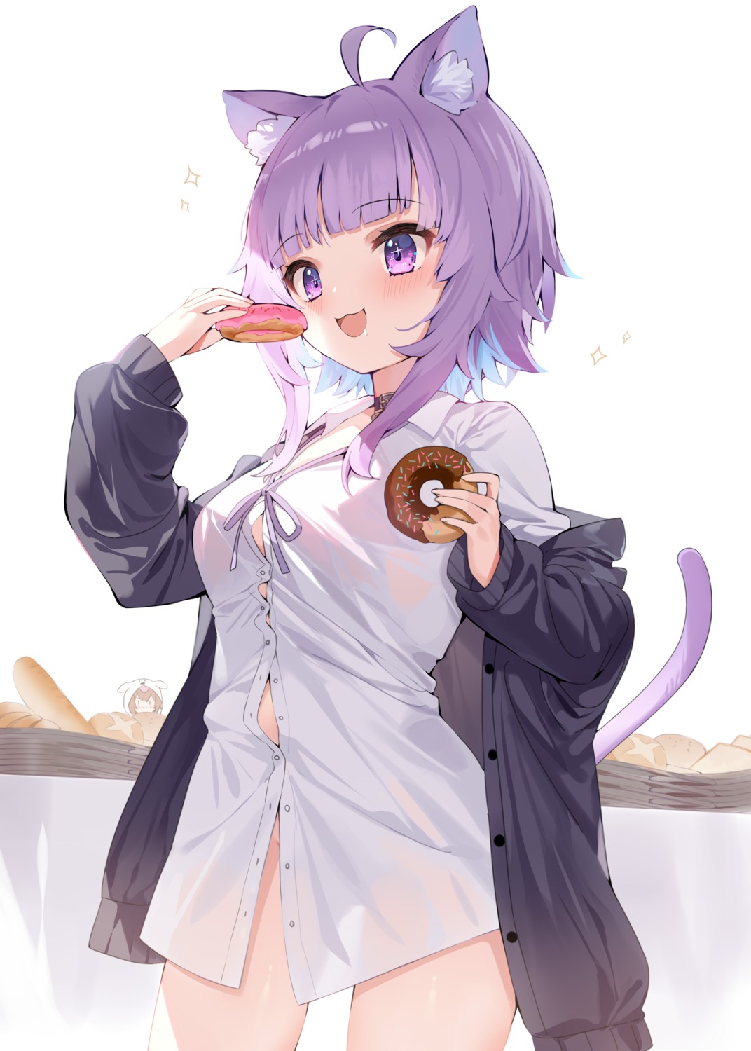 animal_ears dress_shirt hana_mori hololive hololive_gamers nekomata_okayu nekomimi see_through tail