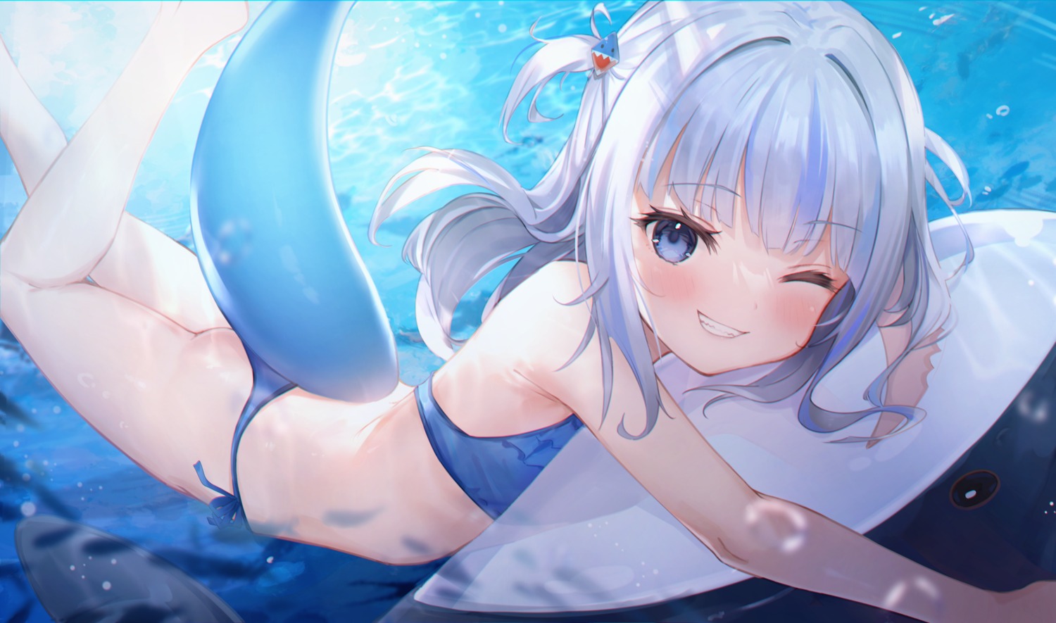 bikini gawr_gura hololive hololive_english kyaroru see_through swimsuits tail wet