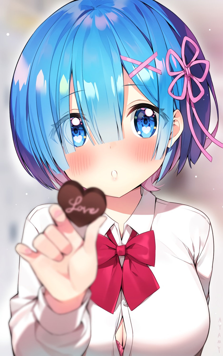 ayamy bra cleavage open_shirt re_zero_kara_hajimeru_isekai_seikatsu rem_(re_zero) seifuku valentine