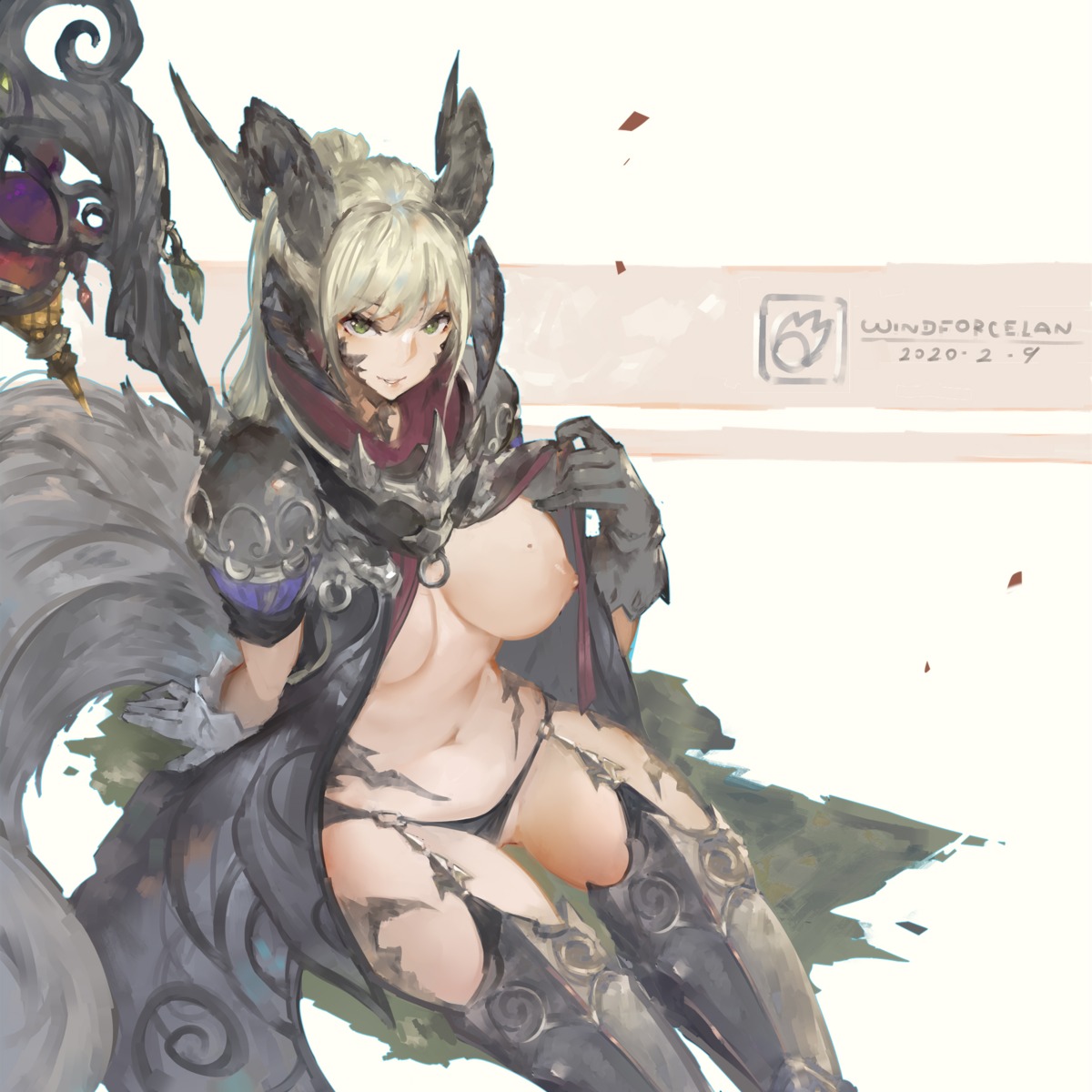 armor artist_revision breasts final_fantasy final_fantasy_xiv horns nipples no_bra open_shirt pantsu stockings thighhighs undressing windforcelan