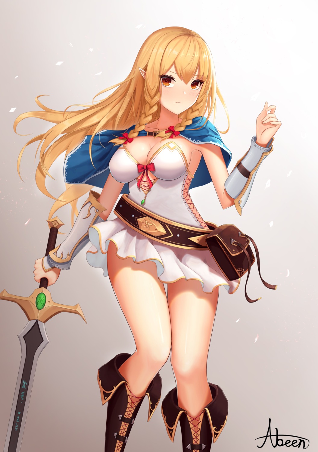 abeen_jhong cleavage pointy_ears skirt_lift sword