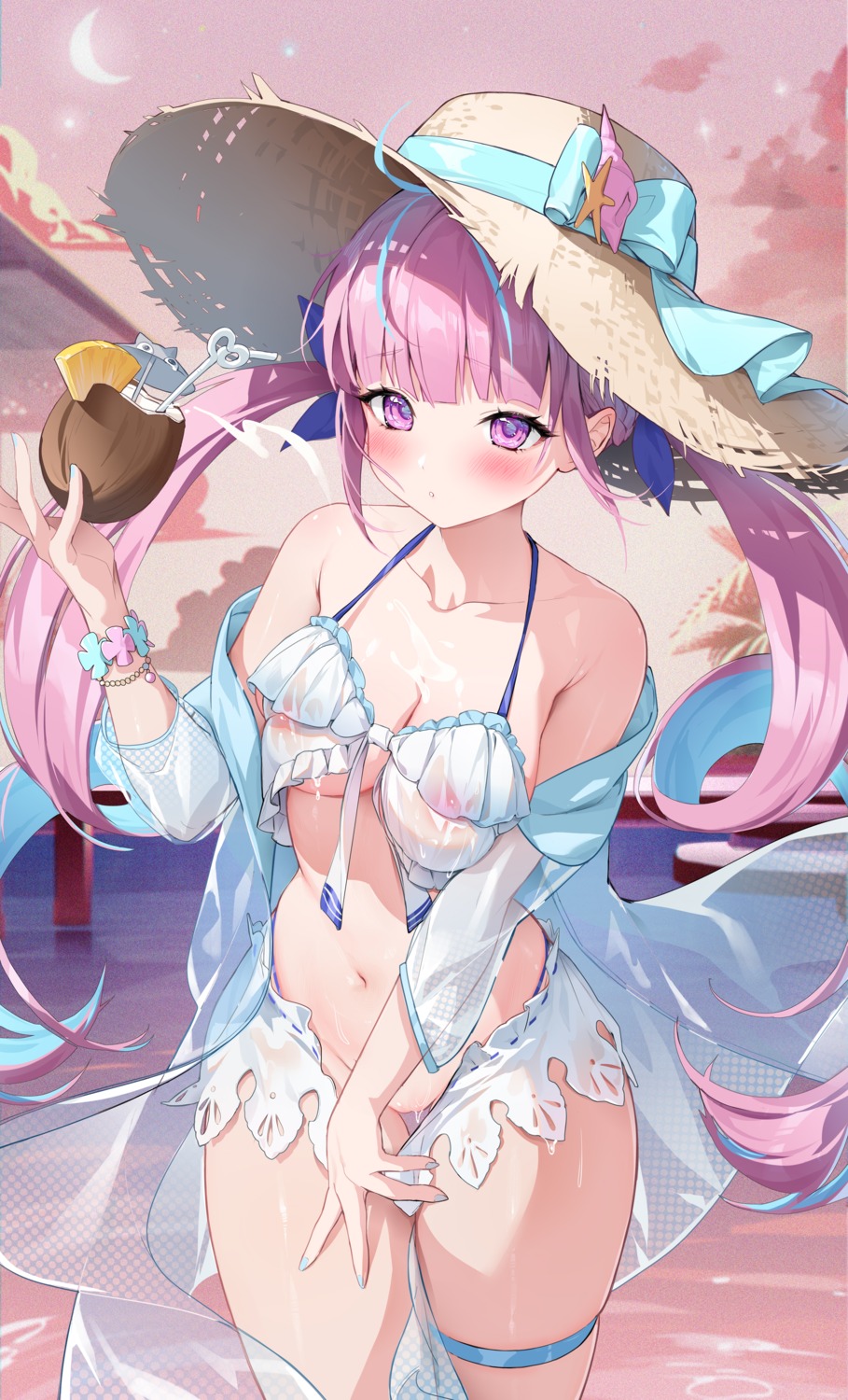 areola bikini cream garter hololive houkisei minato_aqua panty_pull see_through swimsuits undressing wet_clothes