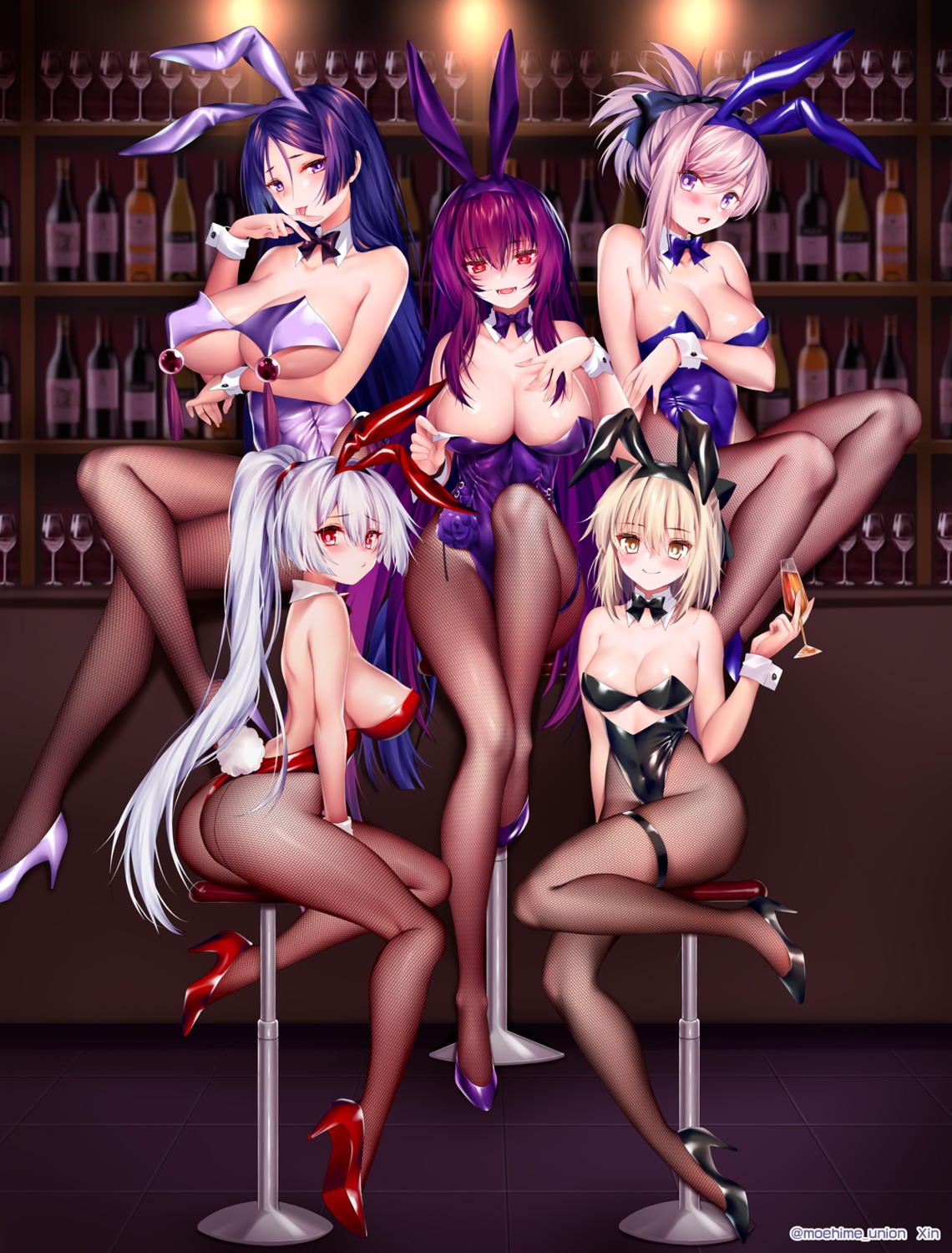 animal_ears ass breast_hold bunny_ears bunny_girl fate/grand_order fishnets garter heels minamoto_no_raikou_(fate/grand_order) miyamoto_musashi_(fate/grand_order) no_bra okita_souji_(fate) pantyhose scathach_(fate/grand_order) tail tomoe_gozen_(fate/grand_order) undressing xin
