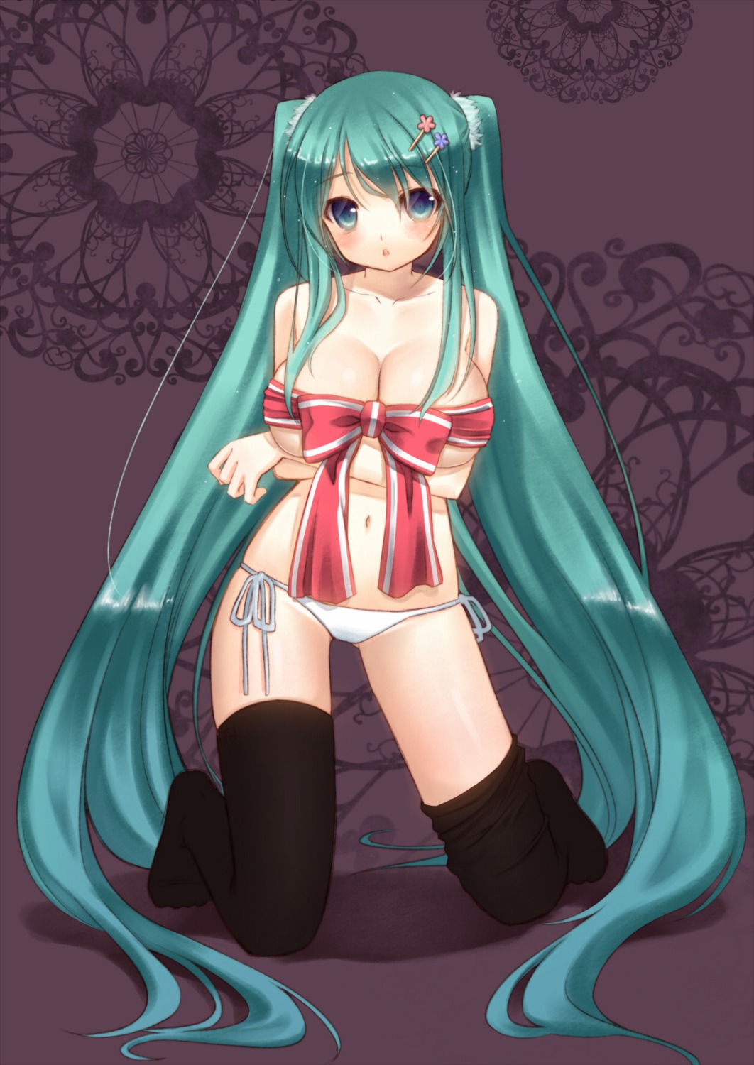 breast_hold cleavage hatsune_miku nana_mikoto pantsu string_panties thighhighs vocaloid