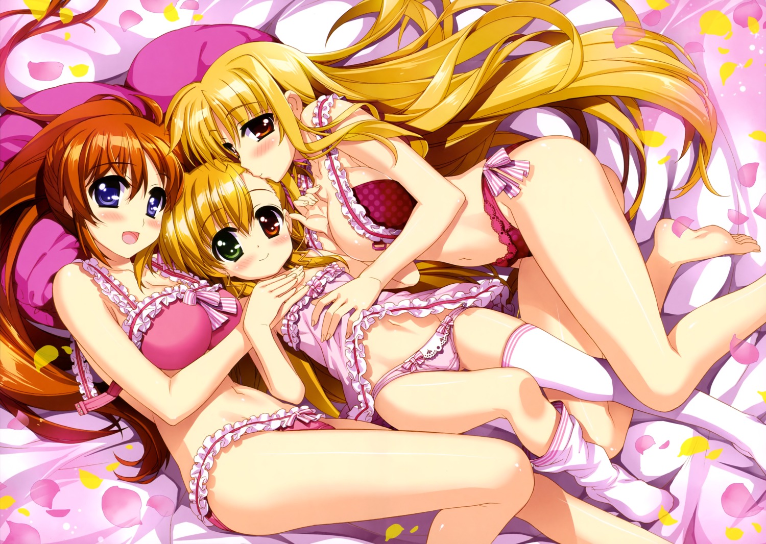 bra cleavage fate_testarossa fujima_takuya heterochromia lingerie mahou_shoujo_lyrical_nanoha mahou_shoujo_lyrical_nanoha_vivid open_shirt pantsu string_panties takamachi_nanoha thighhighs vivio