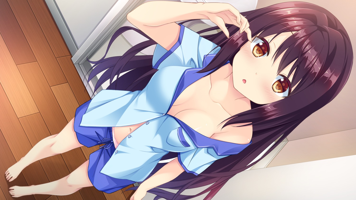 bekotarou game_cg no_bra open_shirt pajama pantsu pulltop pure_song_garden! shimokuni_asuka wardrobe_malfunction