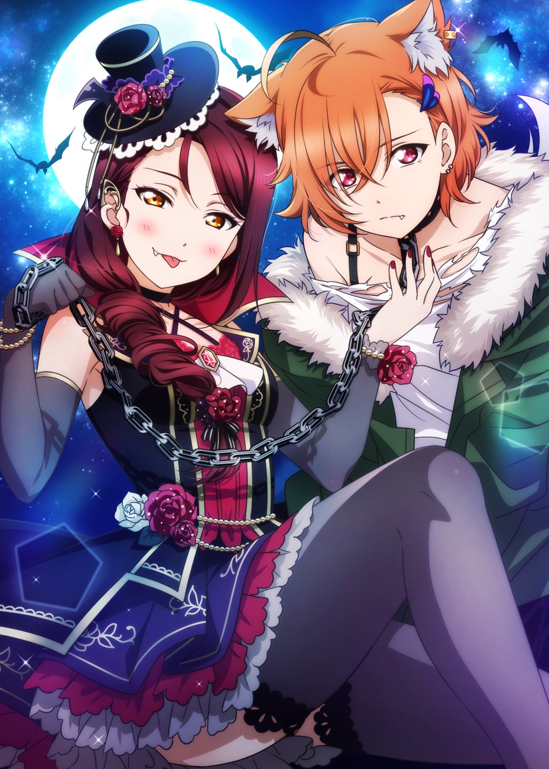 animal_ears halloween kougi_hiroshi love_live!_sunshine!! no_bra sakurauchi_riko skirt_lift takami_chika thighhighs torn_clothes