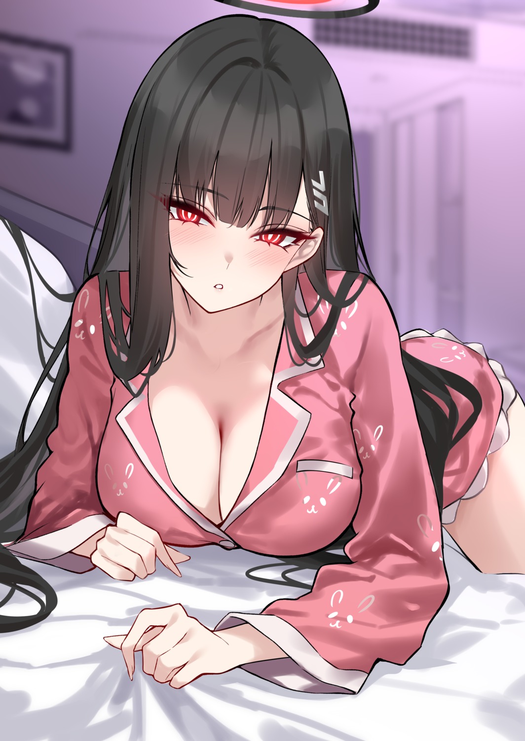 blue_archive cleavage halo no_bra open_shirt pajama shigure tsukatsuki_rio