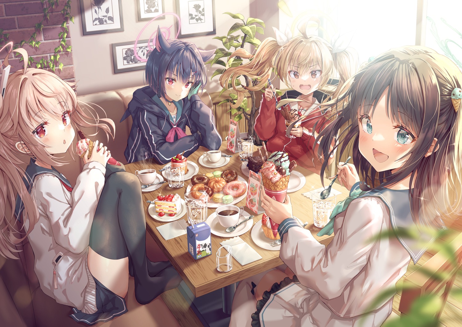 animal_ears blue_archive halo hirokazu_(analysis-depth) ibaragi_yoshimi kurimura_airi kyouyama_kazusa nekomimi seifuku sweater thighhighs yutori_natsu