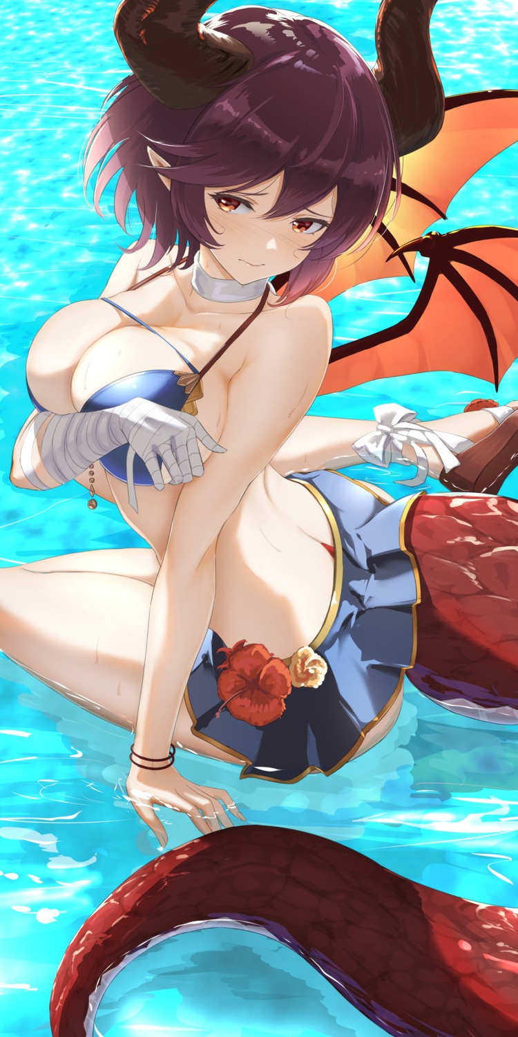 aiu_eo ass bikini breast_hold cleavage grea horns manaria_friends monster_girl pointy_ears shingeki_no_bahamut skirt_lift swimsuits tail wet wings