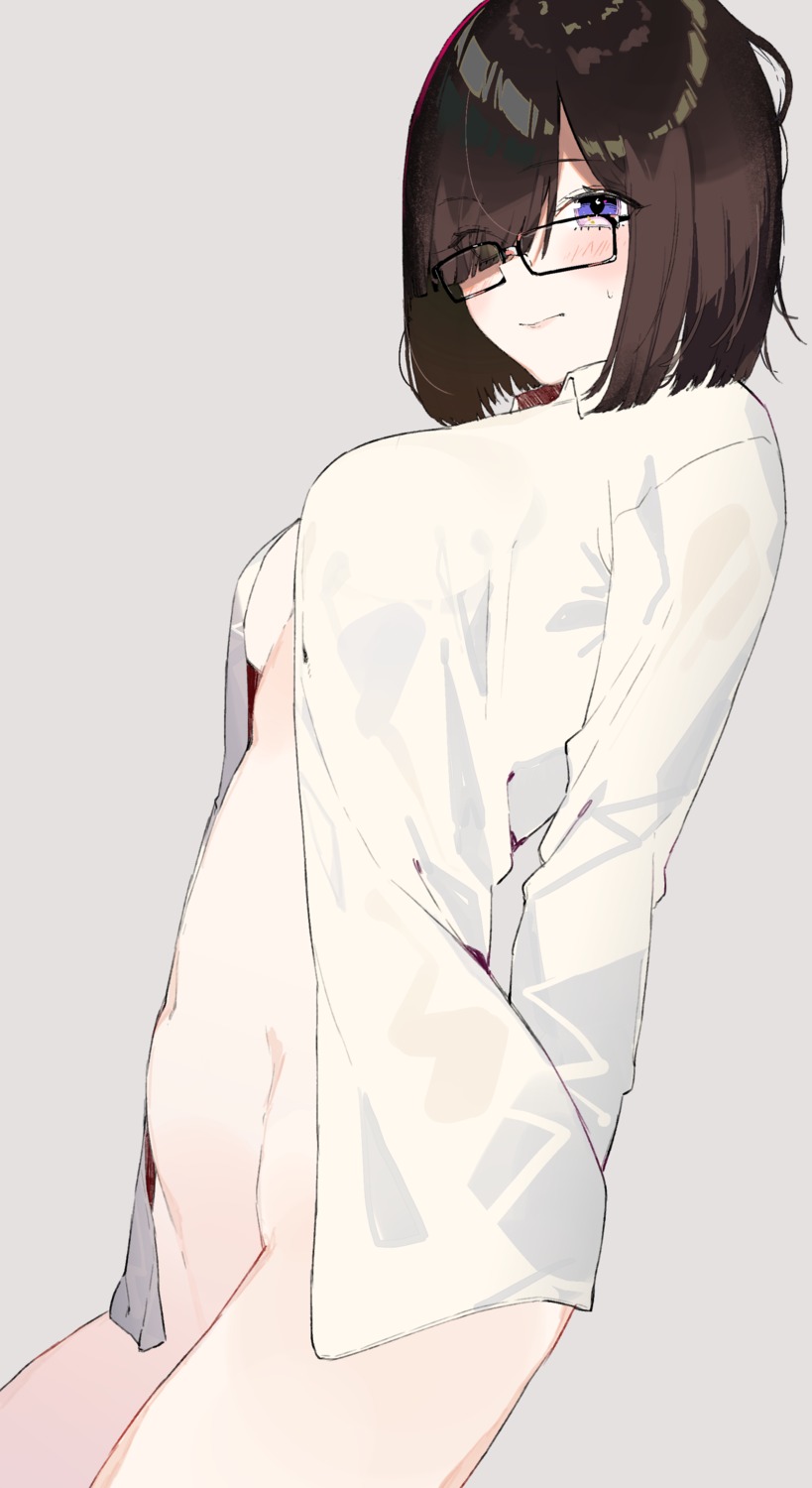 bottomless dress_shirt kayahara megane no_bra open_shirt see_through