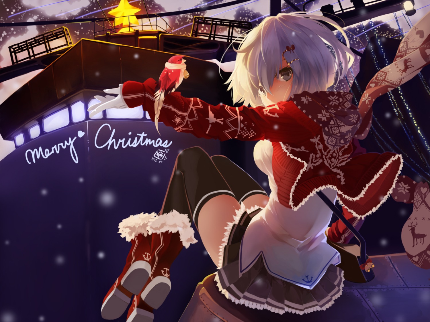 christmas hamakaze_(kancolle) kantai_collection open_shirt sakura_rock seifuku sweater thighhighs