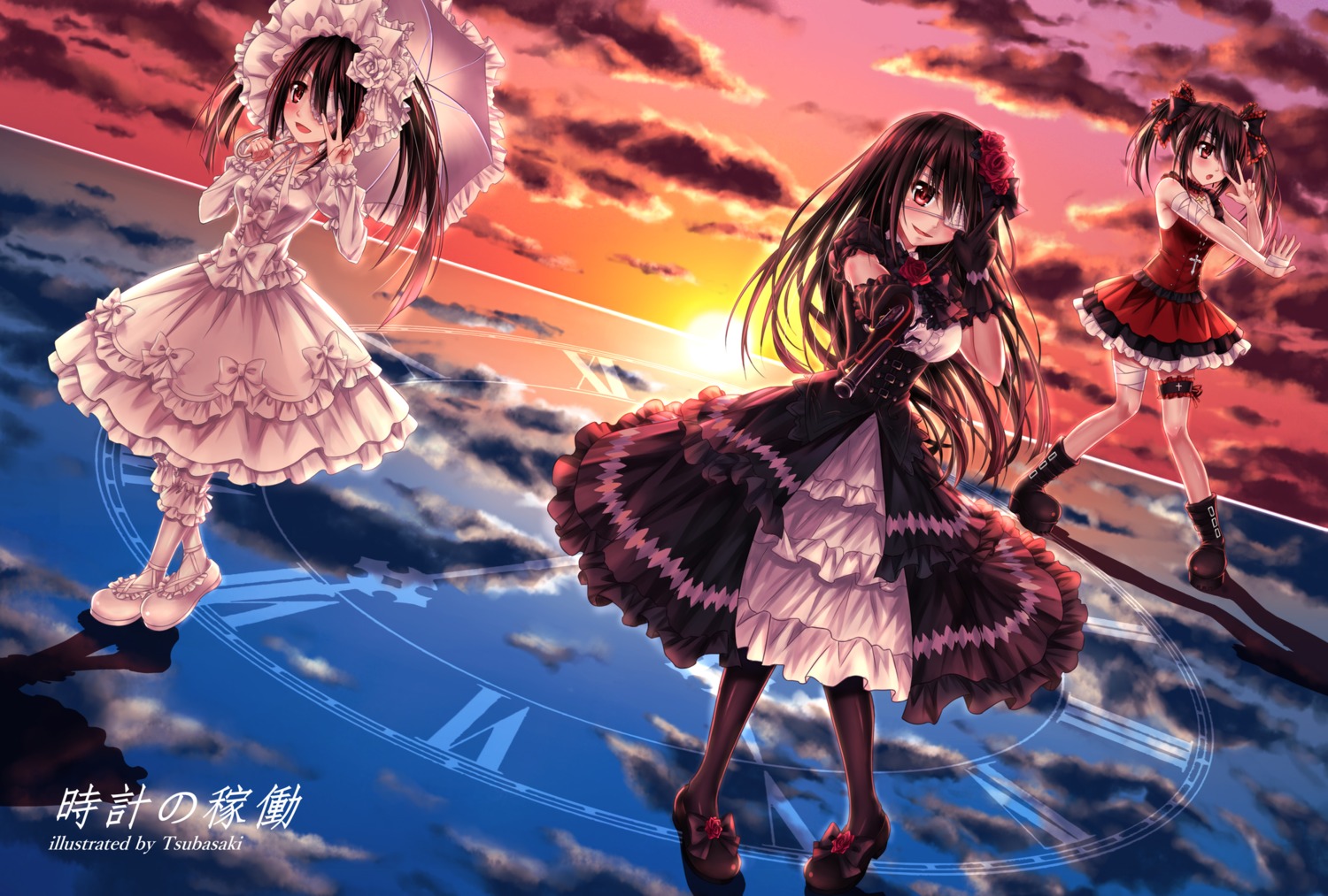 bandages date_a_live dress eyepatch garter gothic_lolita lolita_fashion tokisaki_kurumi tsubasaki umbrella