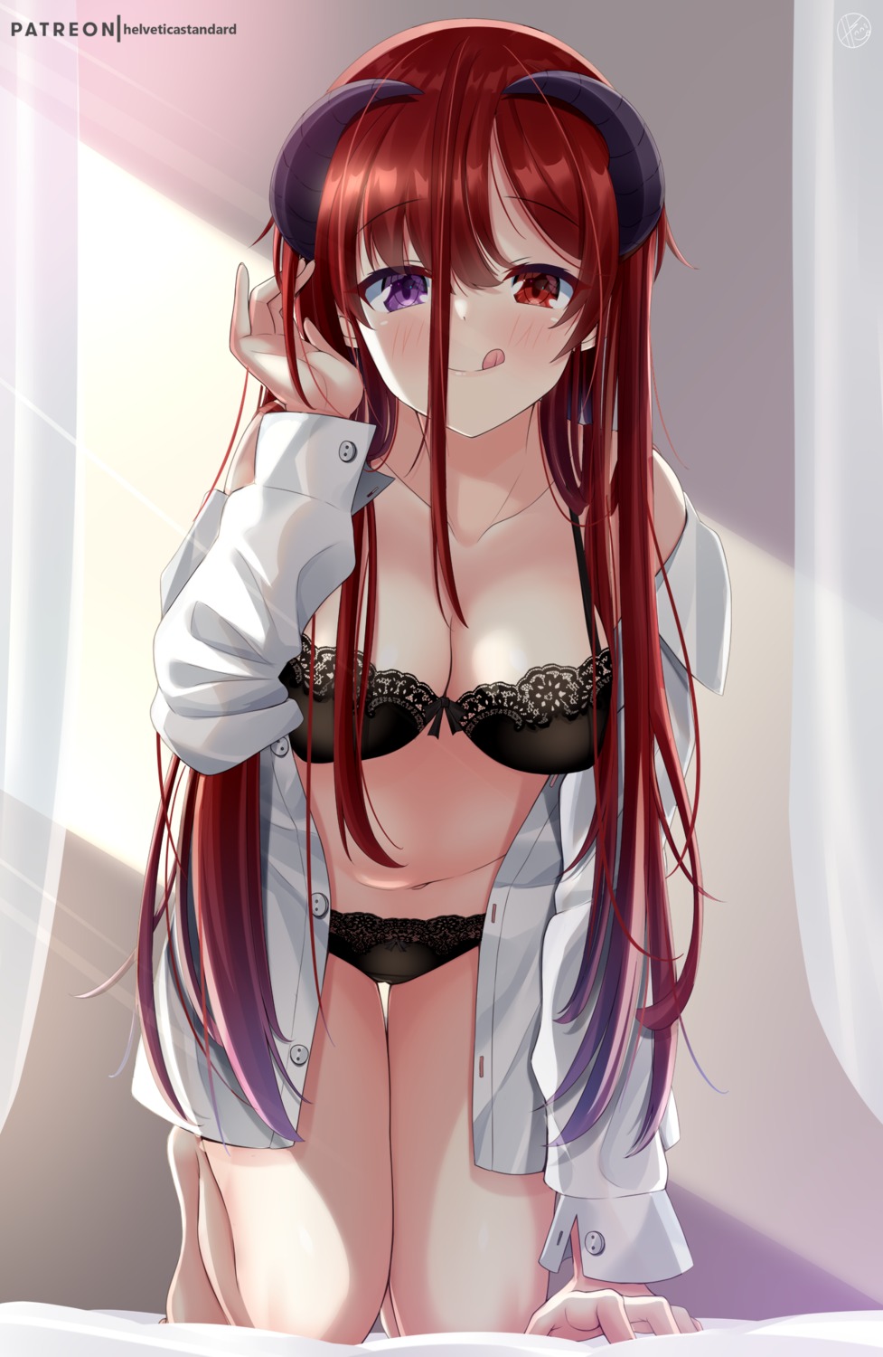 bra cleavage dress_shirt helvetica_5tandard heterochromia horns open_shirt pantsu