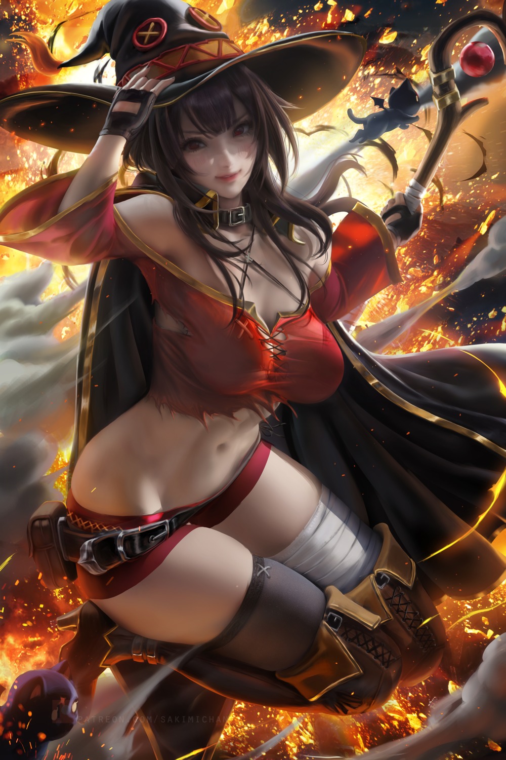 bandages cleavage kono_subarashii_sekai_ni_shukufuku_wo! megumin sakimichan thighhighs torn_clothes weapon witch