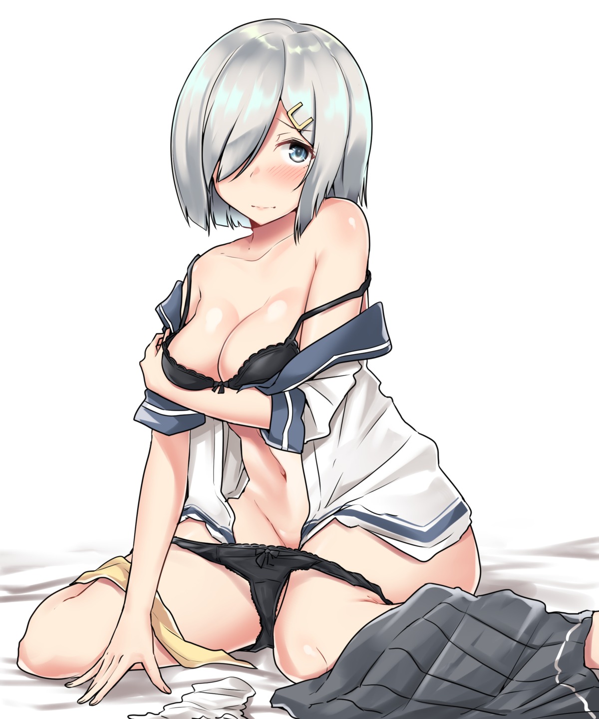 bra breast_hold hamakaze_(kancolle) kantai_collection kiritto open_shirt pantsu panty_pull seifuku