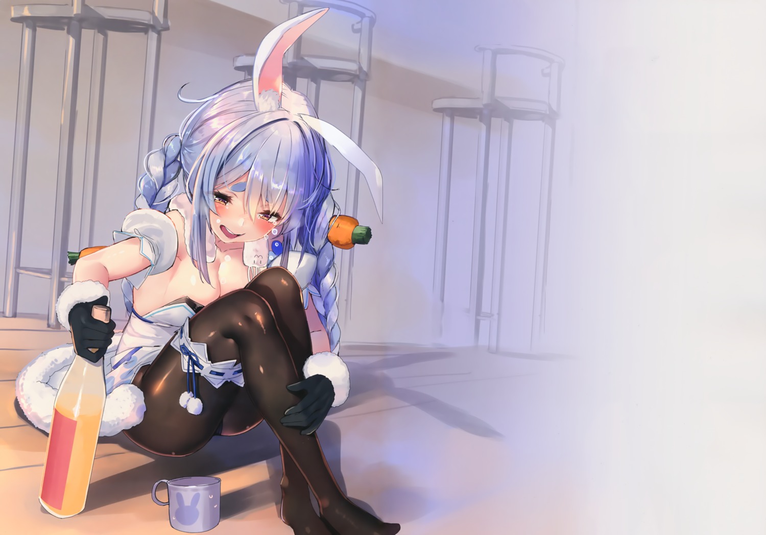 akasa_ai animal_ears bunny_ears dress garter hololive no_bra pantyhose skirt_lift usada_pekora