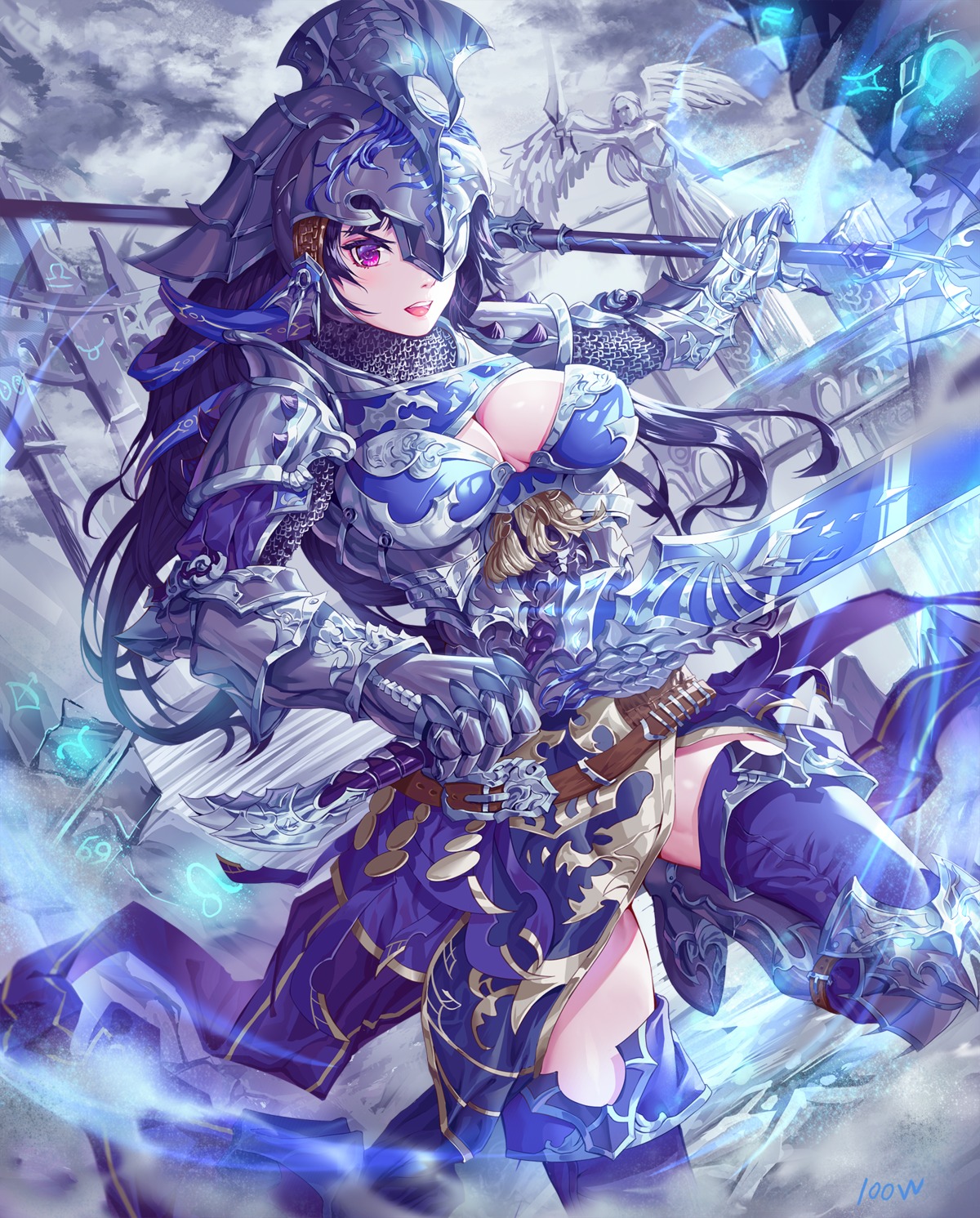 armor no_bra skirt_lift sword thighhighs wangxiii weapon