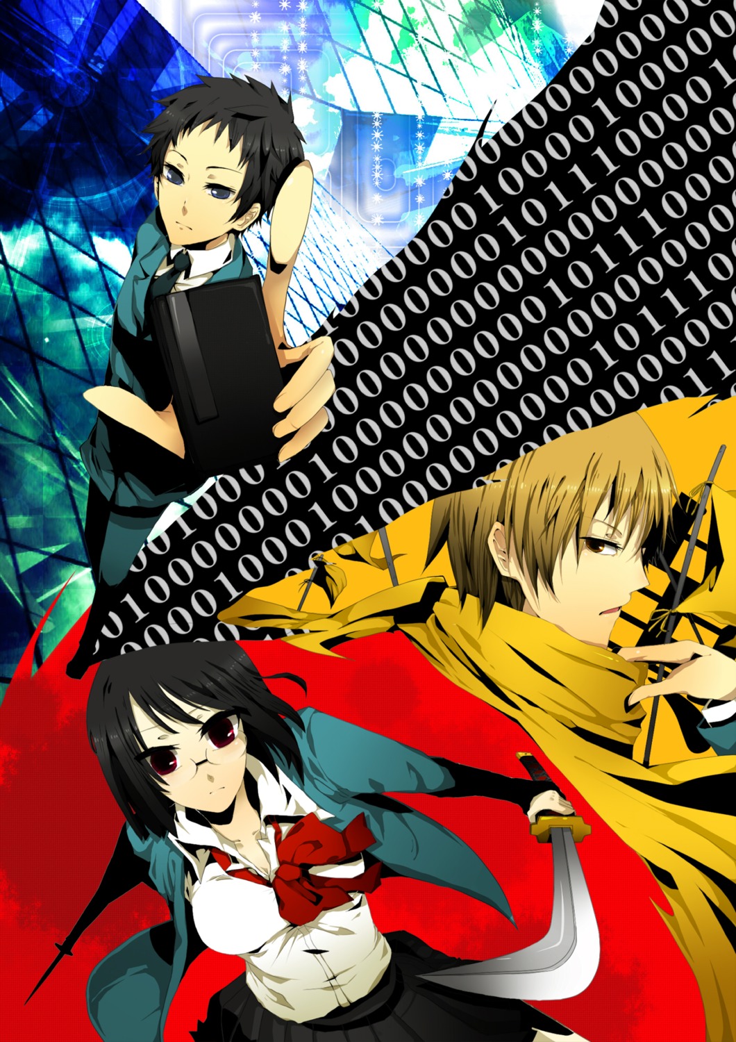 durarara!! fujikichi kida_masaomi megane ryuugamine_mikado seifuku sonohara_anri sword