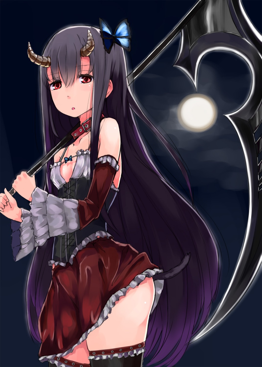 cleavage horns jouzou_tsukasa tail thighhighs weapon