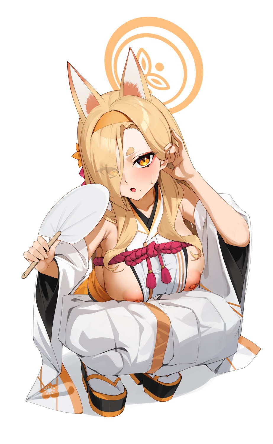 animal_ears blue_archive breasts ett halo heels japanese_clothes kitsune kuwakami_kaho nipples no_bra