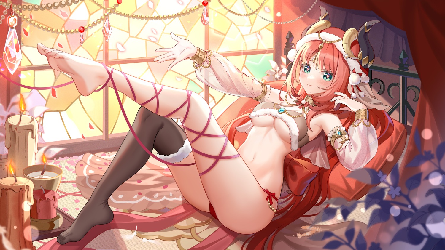 feet genshin_impact gou_lianlian_dogface horns nilou no_bra pantsu string_panties thighhighs