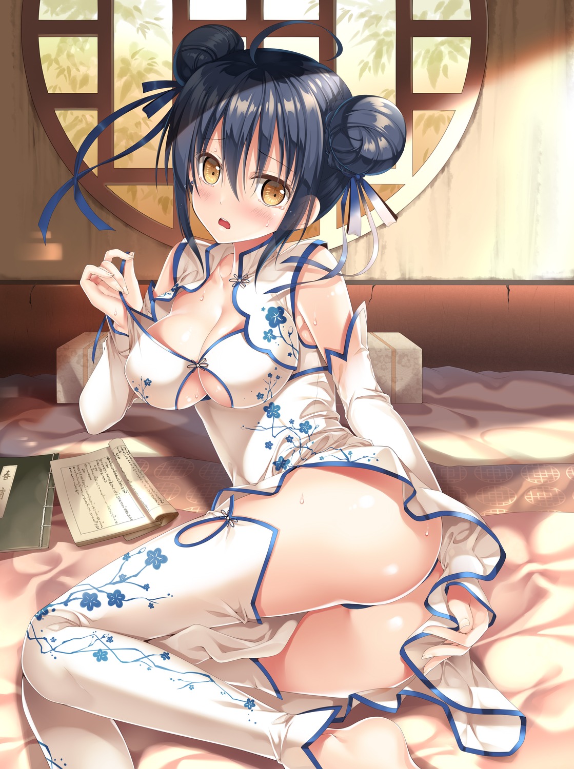 ass chinadress no_bra pantsu rakka_shunshou skirt_lift suzu_(twinbox) thighhighs thong twinbox undressing