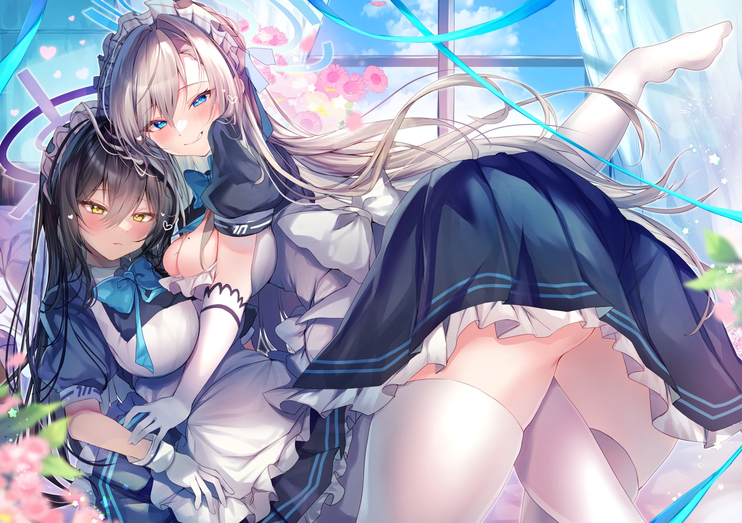 artist_revision blue_archive halo ichinose_asuna kakudate_karin maid nenobi_(nenorium) no_bra skirt_lift thighhighs yuri