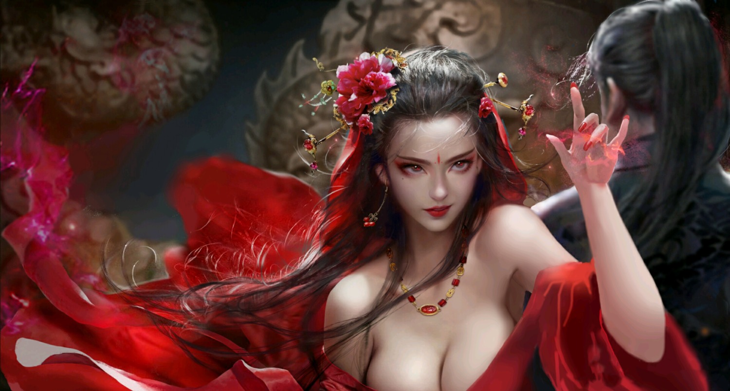 asian_clothes bloody_spell no_bra open_shirt tagme