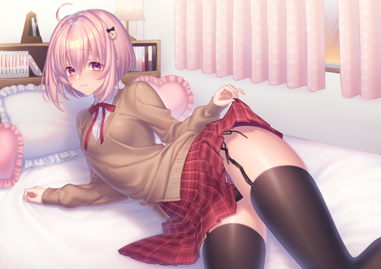 pantsu sakura_shiho seifuku skirt_lift stockings string_panties sweater thighhighs