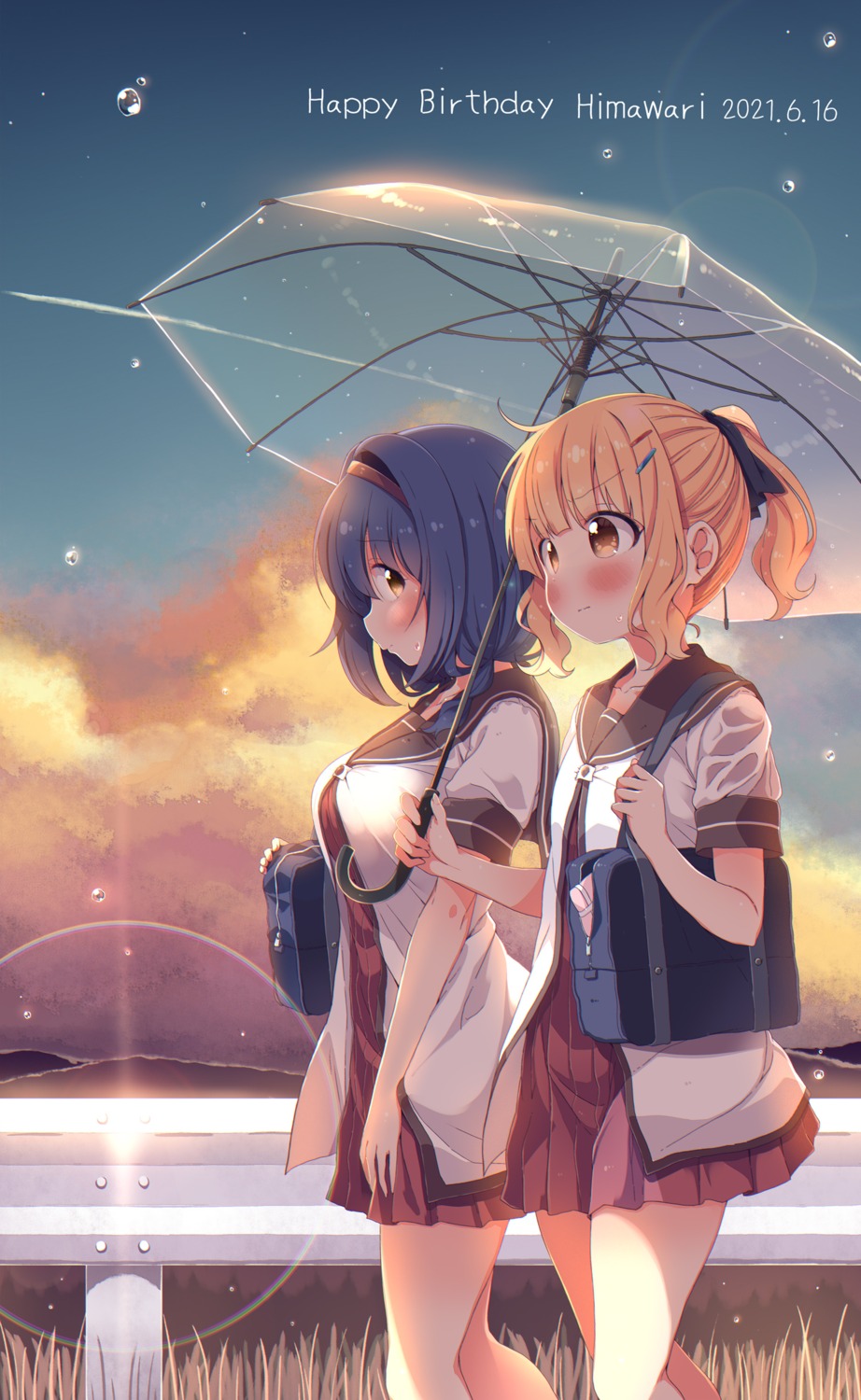 furutani_himawari oomuro_sakurako seifuku takahero umbrella wet_clothes yuri yuru_yuri