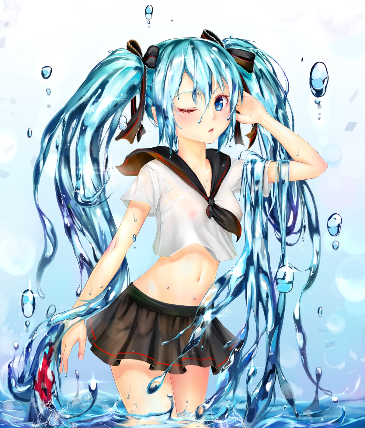 aki99 bottle_miku hatsune_miku nipples no_bra see_through seifuku vocaloid wet wet_clothes