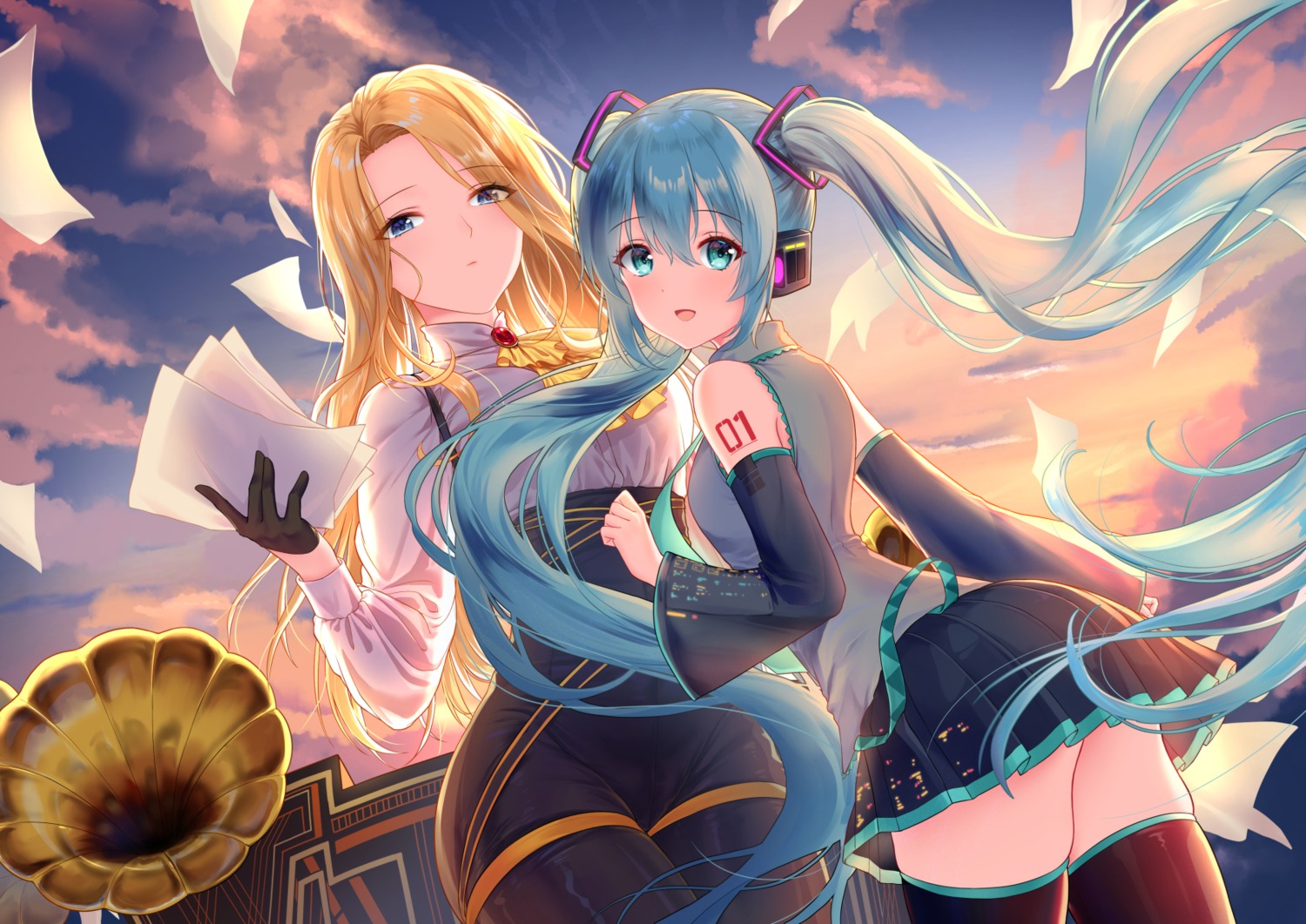 #compass crossover haneru hatsune_miku headphones pantyhose tattoo thighhighs vocaloid