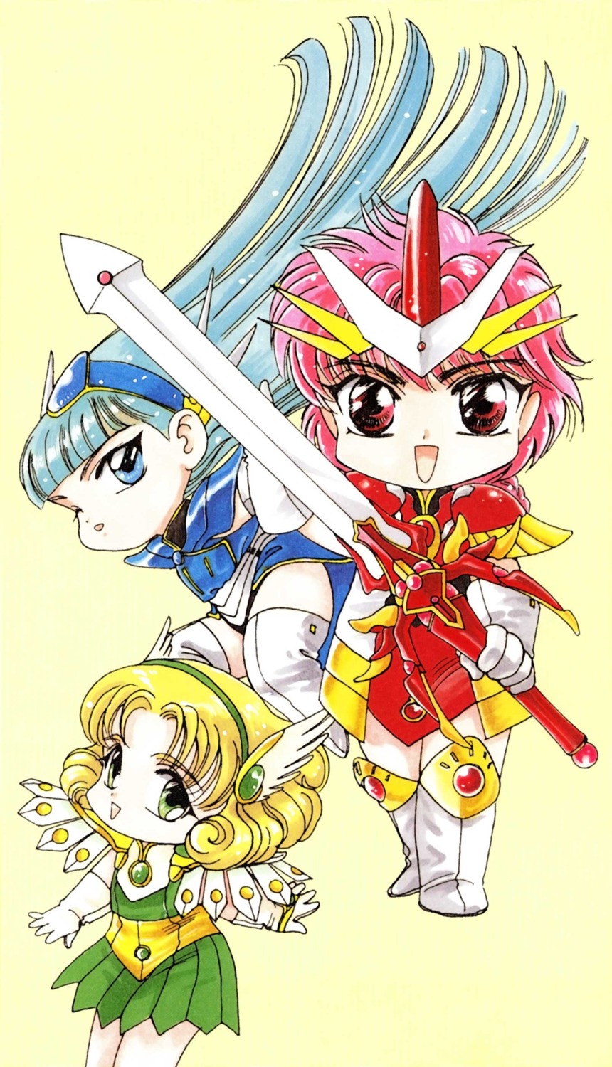 armor chibi clamp hououji_fuu magic_knight_rayearth ryuuzaki_umi shidou_hikaru sword